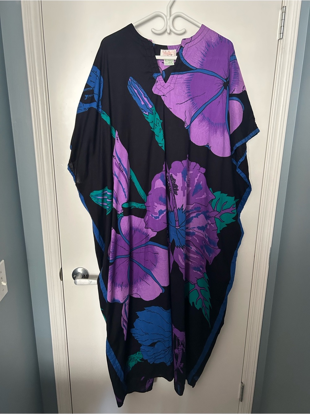 La Lingerie Vintage Black Cotton Kaftan with Bold Purple & Teal Floral Blooms